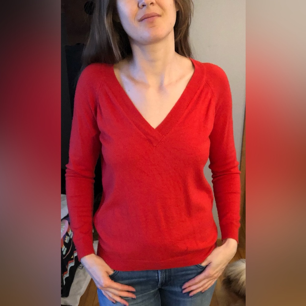 Red V-neck sweater. Size: S. Brand: Only. Lovingly worn. Some pilling.